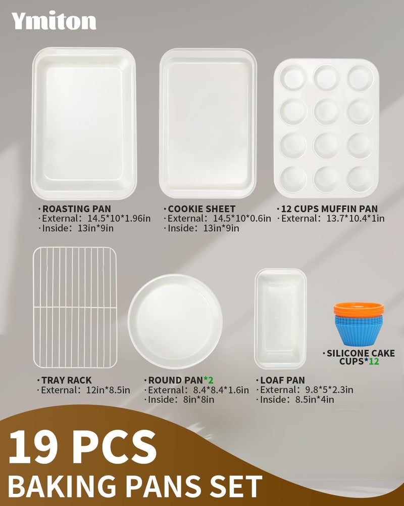 Ymiton Nonstick Baking Pans Set, 19 PCS Stackable Bakeware Sets, Oven Pan Set Includes Baking Tray, Cookie Sheet, Cake Pans, Loaf Pan, Muffin Pan, Silicone Cups - Image 3